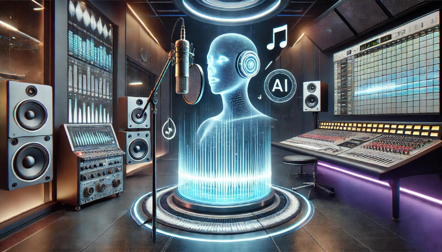 Realistic image of an AI vocal song generator in a futuristic studio, featuring a holographic AI figure singing into a microphone with advanced sound equipment and music displays