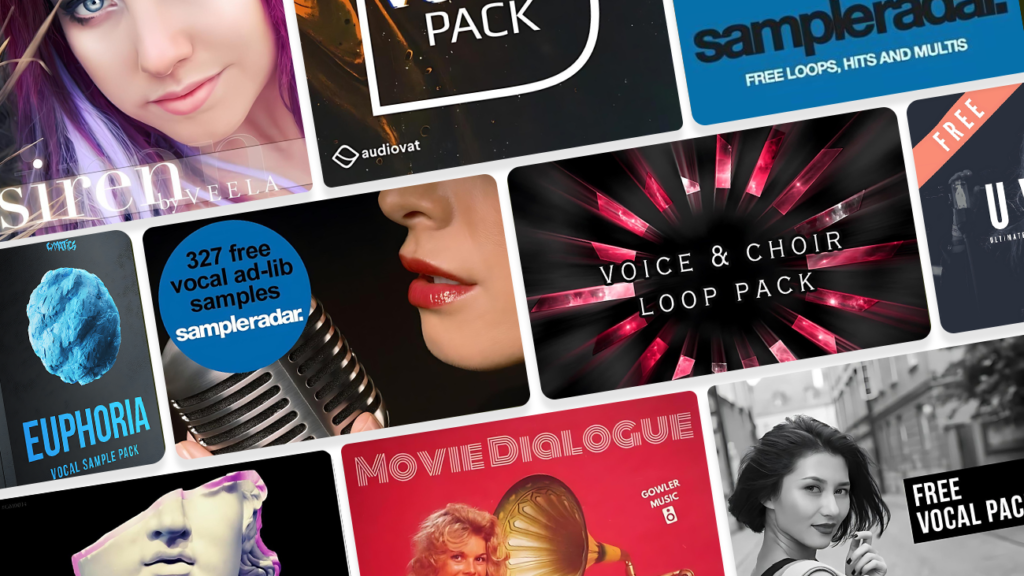 Image displaying multiple artworks featuring free vocal sample packs.