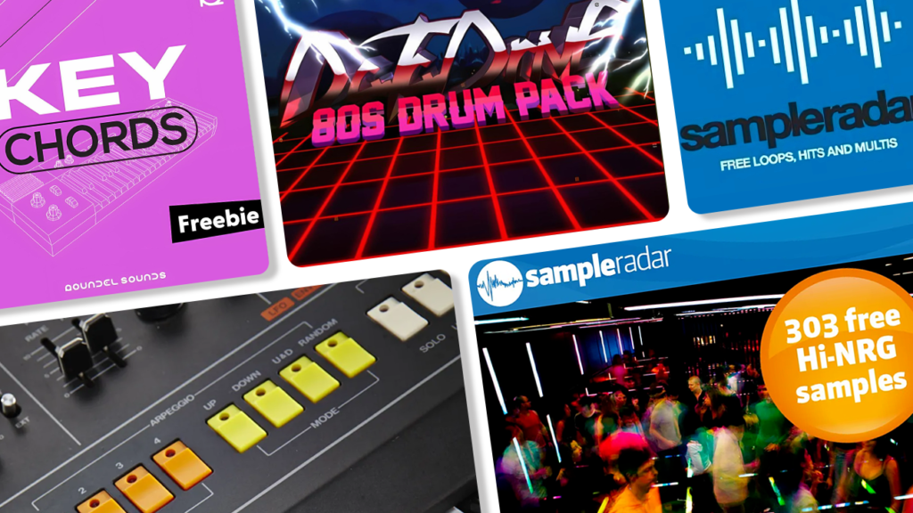 Image displaying multiple artworks featuring free 80s sample packs.