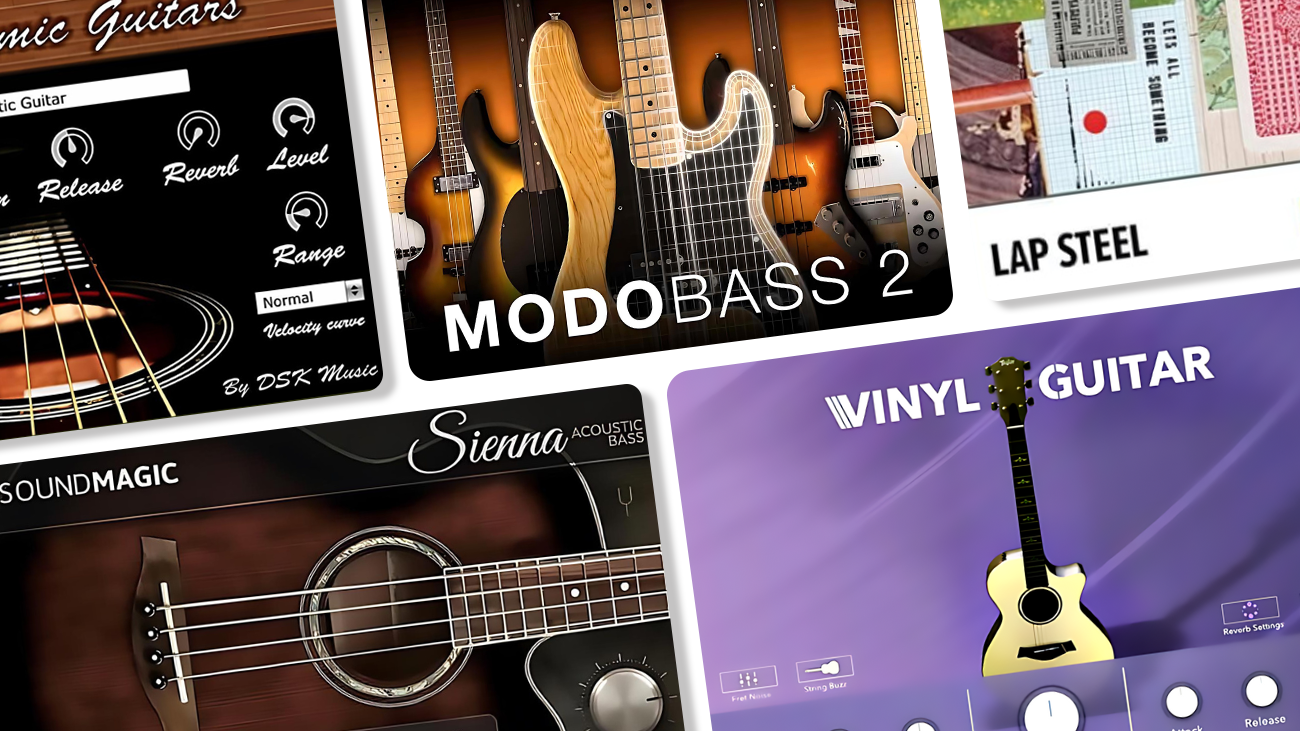 Digital illustration of 5 best free guitar and bass VST plugins cover artworks.