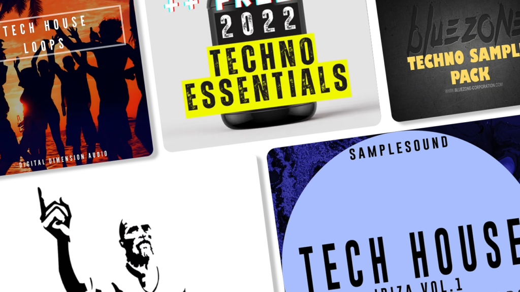 Image displaying multiple artworks featuring free tech house sample packs.