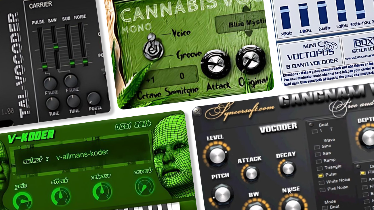 Digital illustration of 5 best free vocoder VST plugins cover artworks.