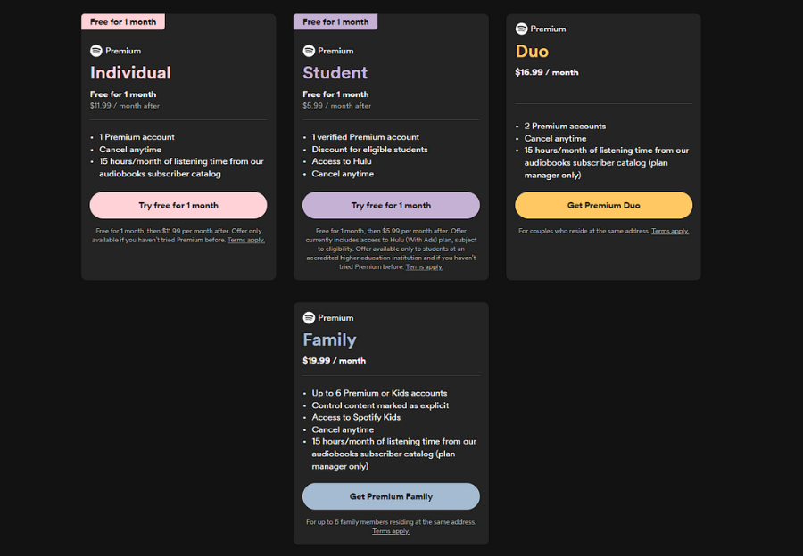 a screenshot of Spotify subscription plans