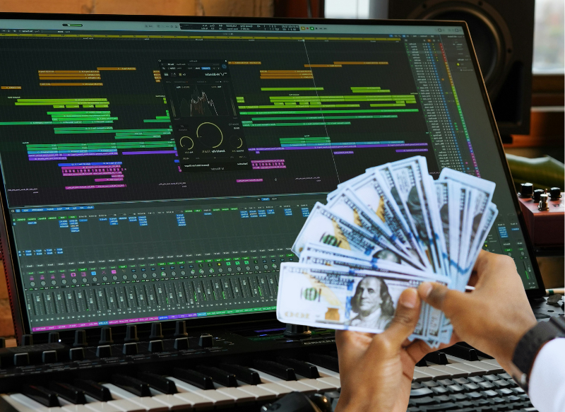 A person holding a fan of hundred-dollar bills in front of a computer screen displaying a digital audio workstation (DAW) with colorful music tracks and audio plugins, highlighting the monetization from music production.