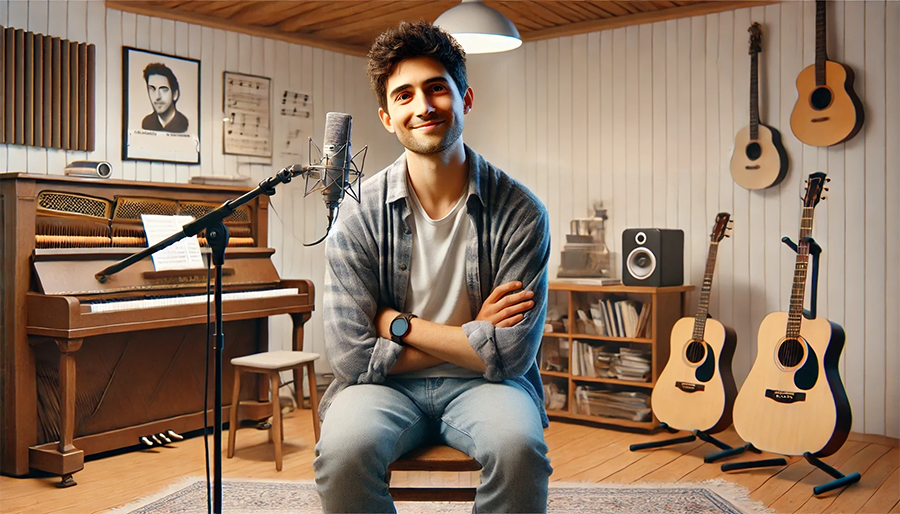 a man sitting in front of a microphone