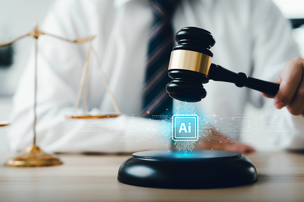 Judge's gavel hovering over an AI chip symbol on a court desk, with scales of justice in the background, representing the intersection of artificial intelligence and law.