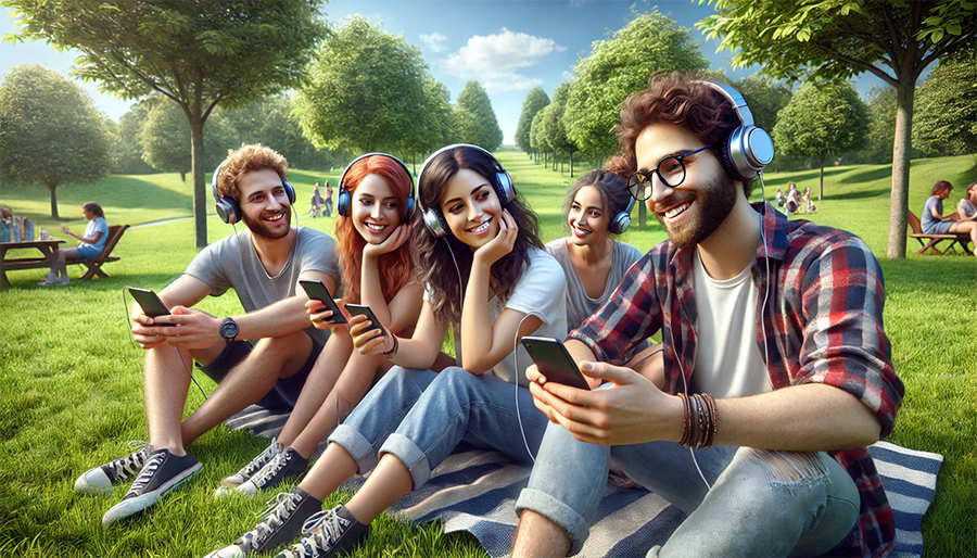 a group of people sitting on grass with headphones on their phones