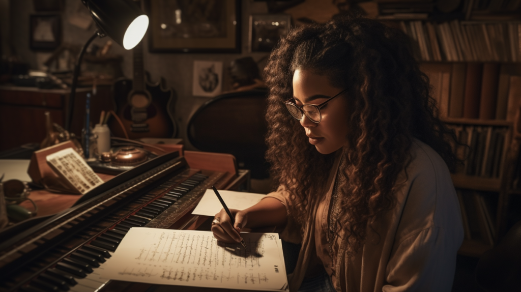 A close-up of H.E.R. in her studio, surrounded by musical instruments and recording equipment, with an intense, contemplative expression as she writes lyrics on a notepad.