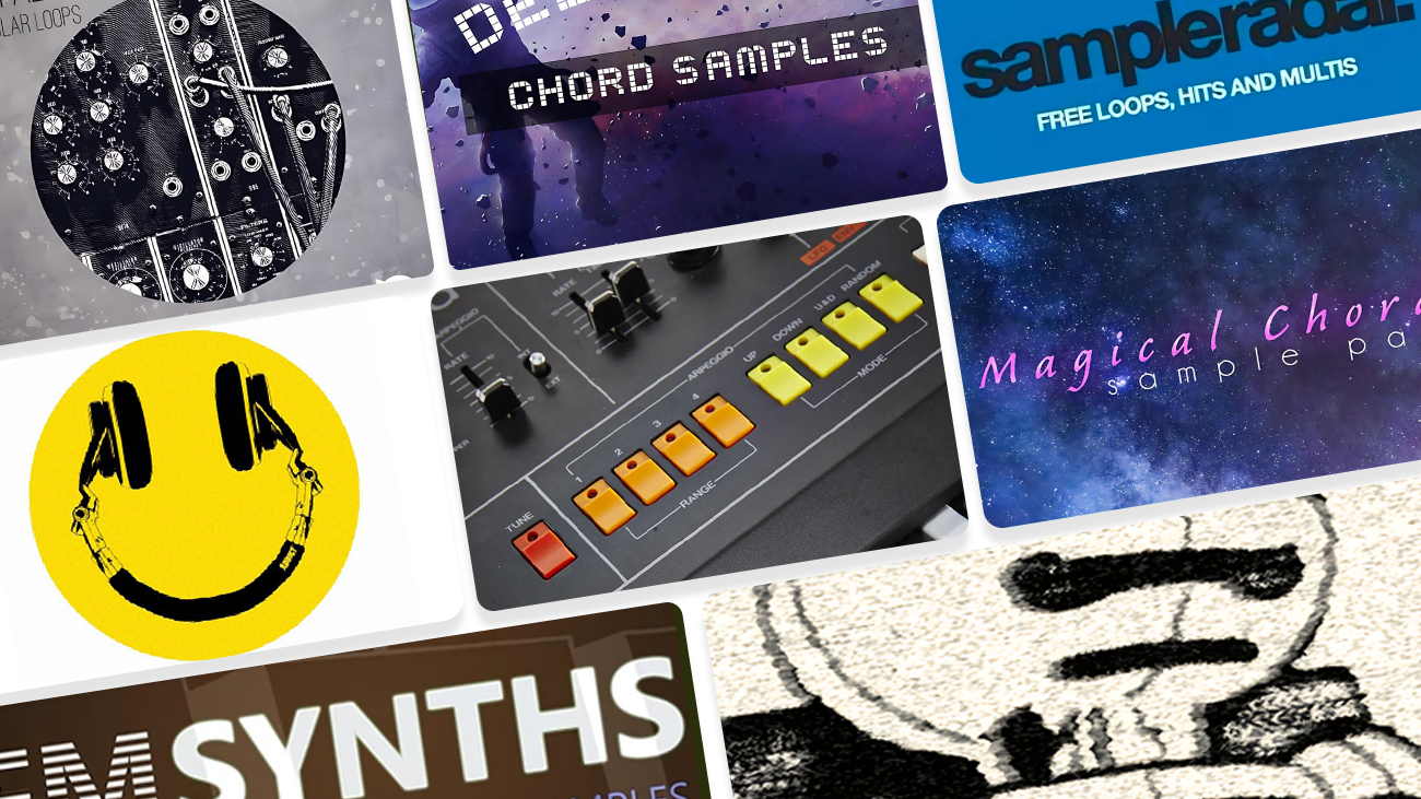 Image displaying multiple artworks featuring free synth sample packs.