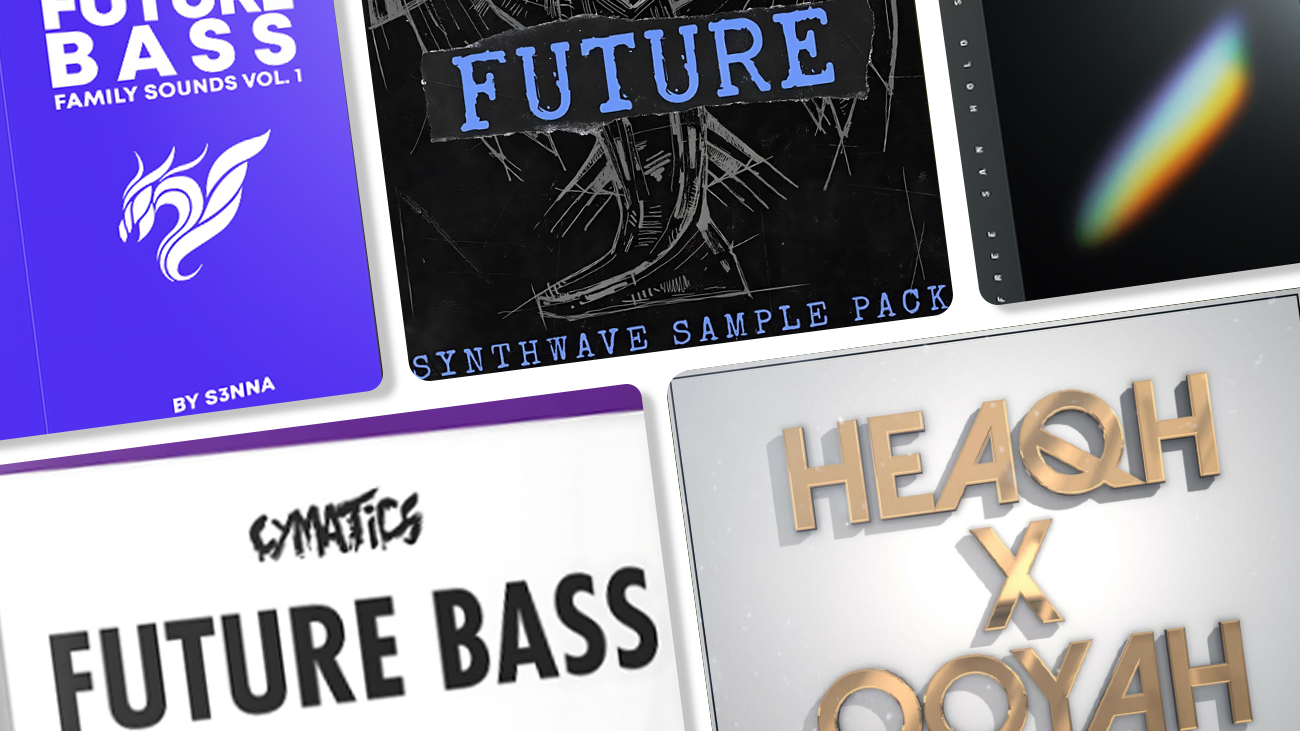 Image displaying multiple artworks featuring free future bass sample packs.