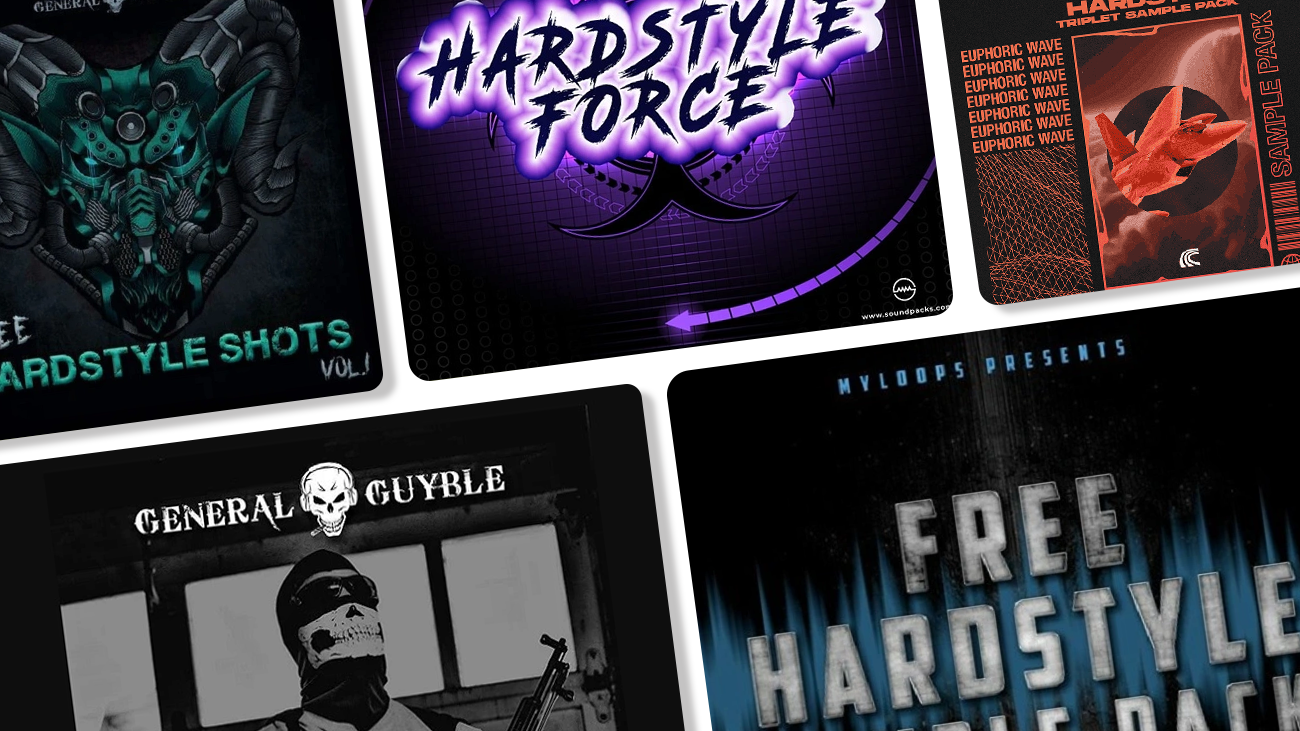 Image displaying multiple artworks featuring free hardstyle sample packs.