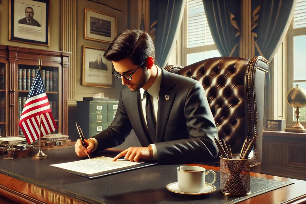 A hyper-realistic image of a lawmaker signing a document. The lawmaker is seated at a polished wooden desk with an American flag