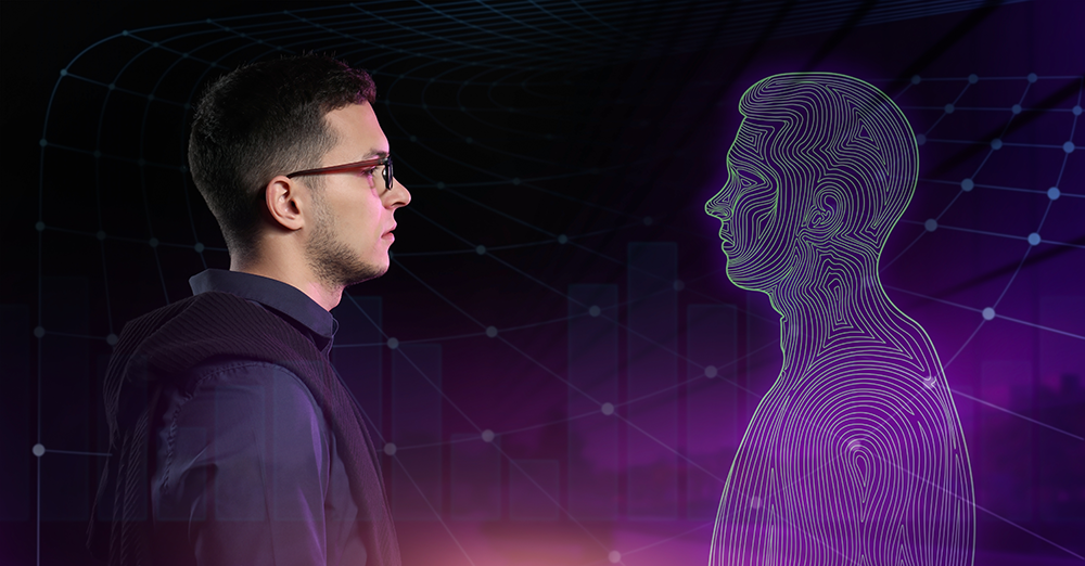 The image depicts a man with glasses facing a digital, wireframe representation of a human figure. The background is a dark, futuristic grid with nodes connected by lines, suggesting a theme of technology and digital interaction. The colors predominantly include shades of purple and dark blue.